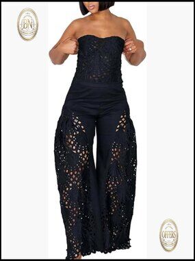 Polyester Lace 2-Piece Set Strapless Corset Top Eyelet Wide Leg Pants